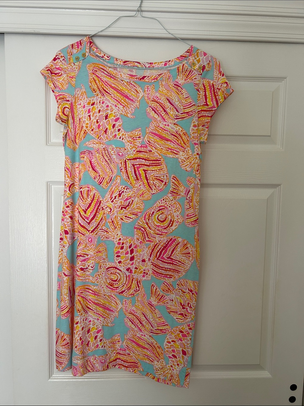 Lilly Pulitzer Aqua Shift Dress with Pink & Yellow Shell Print